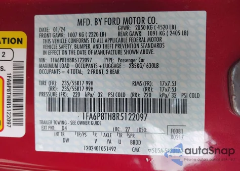 2024 Ford Mustang Ecoboost Fastback z USA, uszkodzony, nr VIN 1FA6P8TH8R5122097